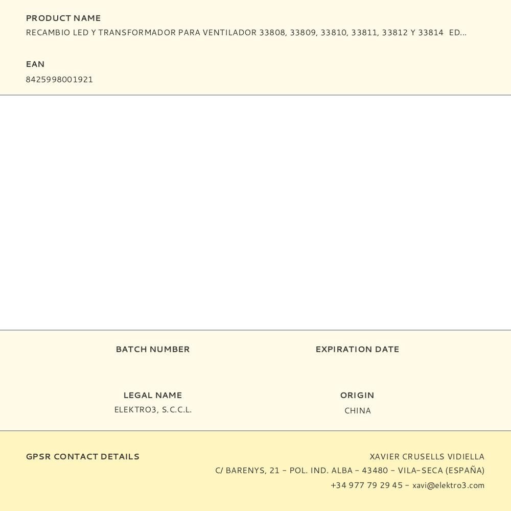 RECAMBIO LED Y TRANSFORMADOR PARA VENTILADOR 33808, 33809, 33810, 33811, 33812 Y 33814 EDM gallery 0