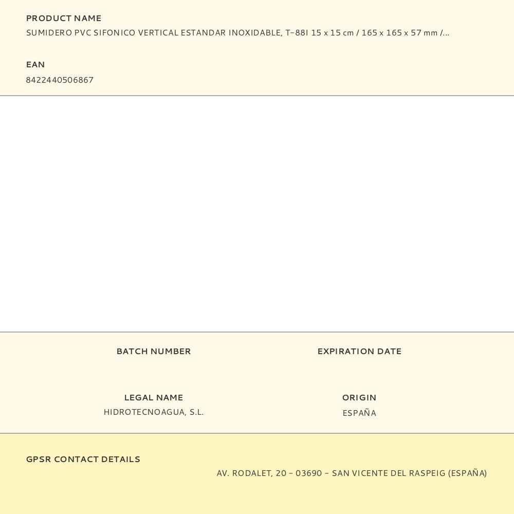 SUMIDERO PVC SIFONICO VERTICAL ESTANDAR INOXIDABLE, T-88I 15 x 15 cm / 165 x 165 x 57 mm / Ø75 - 50 mm gallery 0