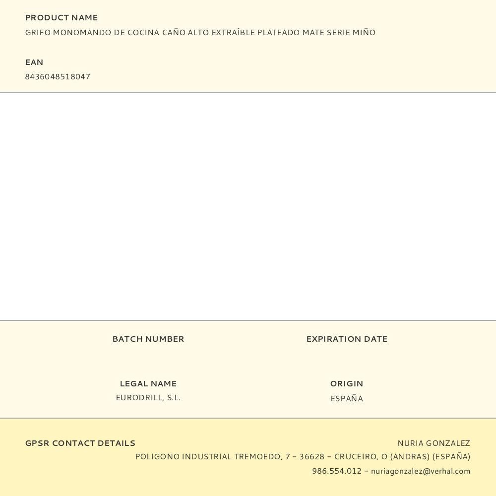 GRIFO MONOMANDO DE COCINA CAÑO ALTO EXTRAÍBLE PLATEADO MATE SERIE MIÑO gallery 4