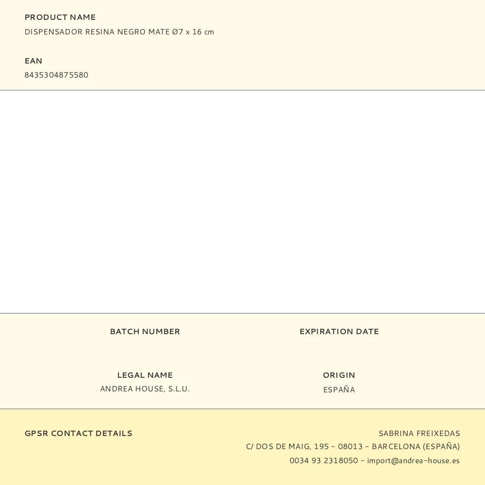 DISPENSADOR RESINA NEGRO MATE Ø7 x 16 cm gallery 0