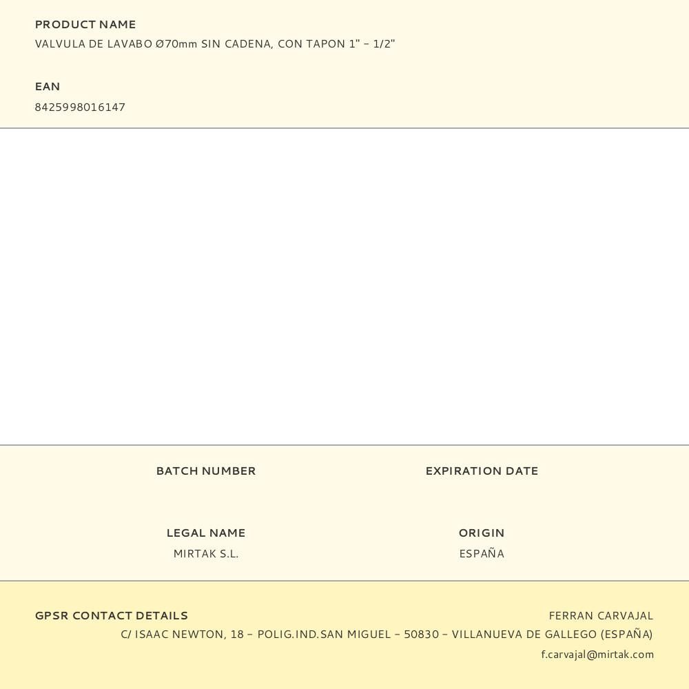 VALVULA DE LAVABO Ø70mm SIN CADENA, CON TAPON 1" - 1/2 gallery 0