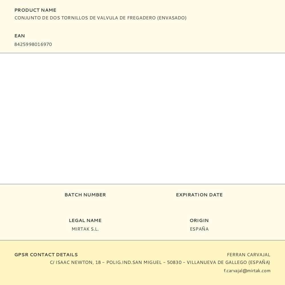 CONJUNTO DE DOS TORNILLOS DE VALVULA DE FREGADERO (ENVASADO) gallery 0