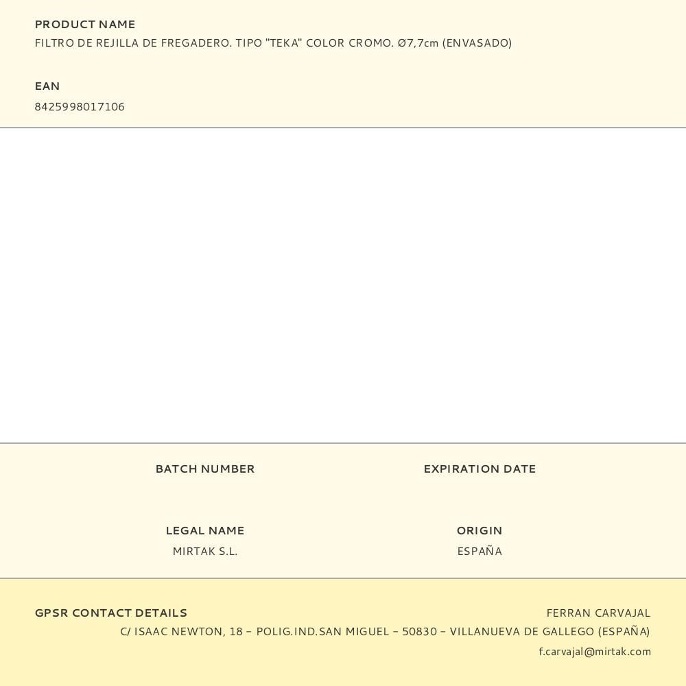 FILTRO DE REJILLA DE FREGADERO. TIPO "TEKA" COLOR CROMO. Ø7,7cm (ENVASADO) gallery 0