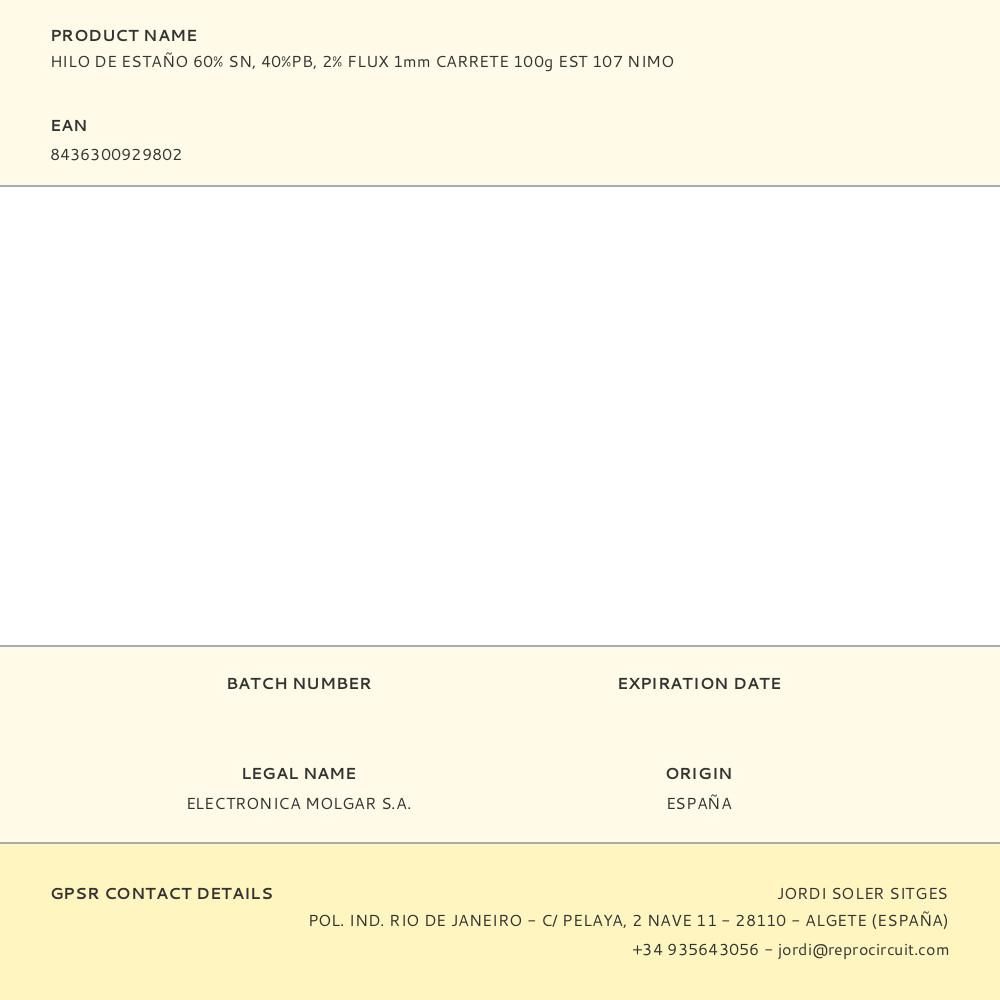 HILO DE ESTAÑO 60% SN, 40%PB, 2% FLUX 1mm CARRETE 100g EST 107 NIMO gallery 0