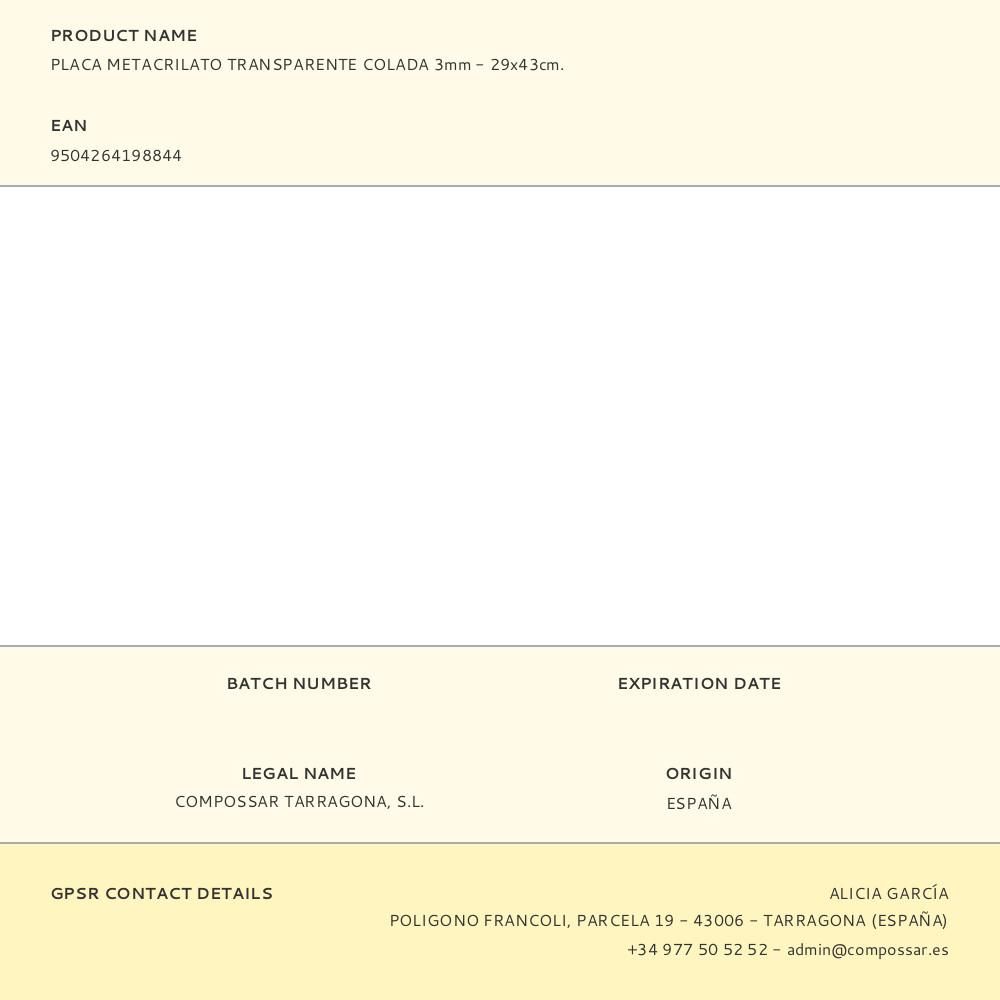 PLACA METACRILATO TRANSPARENTE COLADA 3mm - 29x43cm. gallery 0