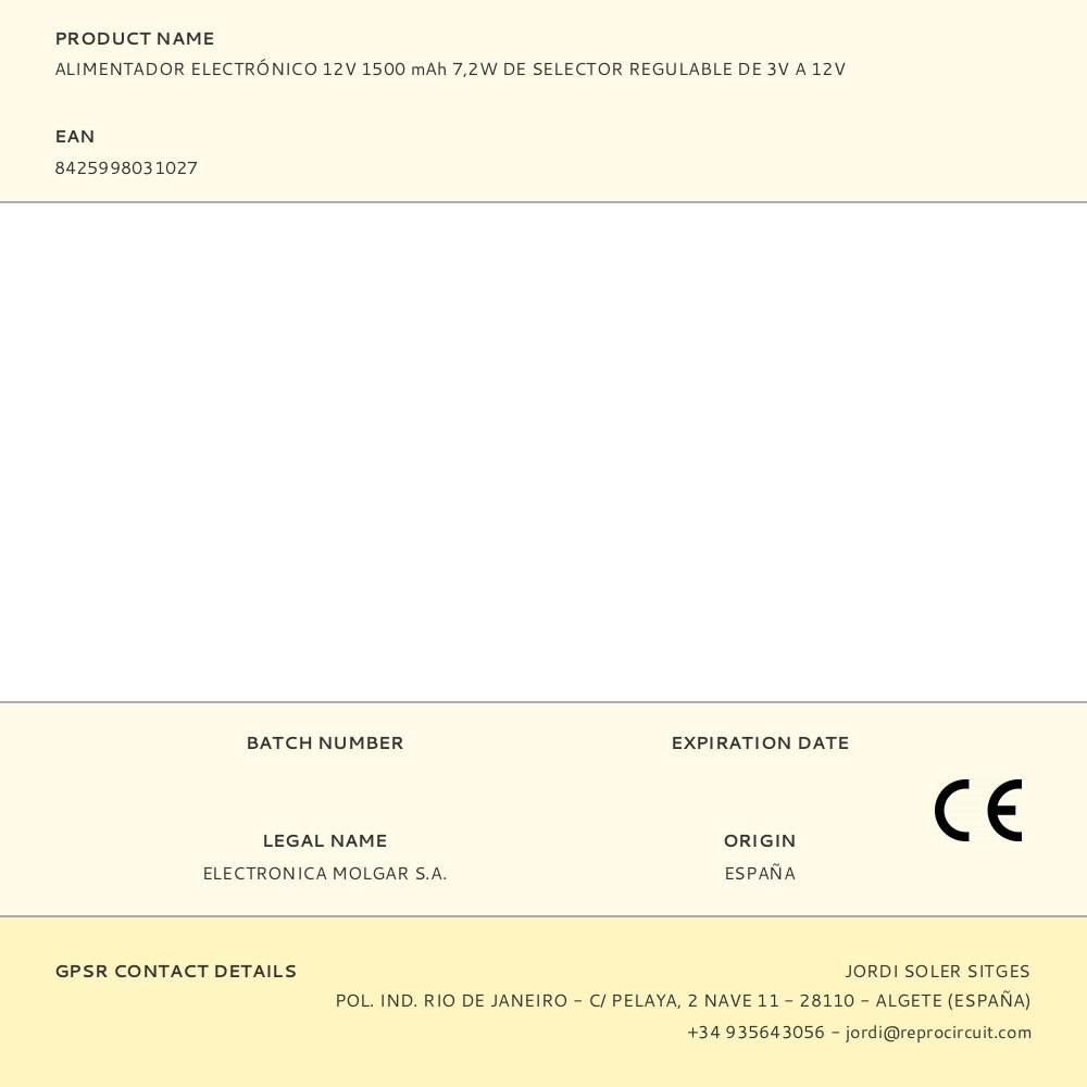 ALIMENTADOR ELECTRÓNICO 12V 1500 mAh 7,2W DE SELECTOR REGULABLE DE 3V A 12V gallery 1
