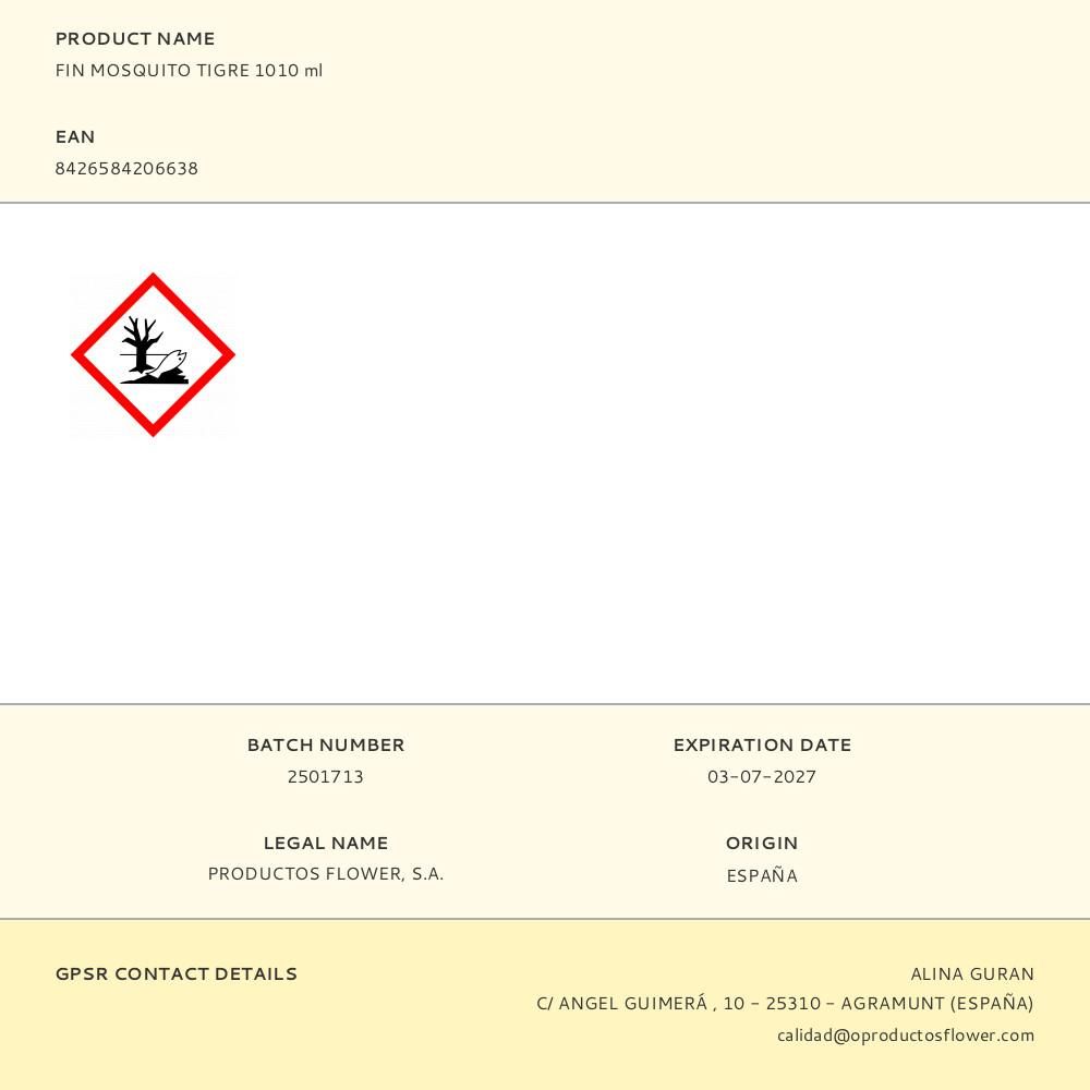 INSECTICIDA PULVERIZADOR MOSQUITO TIGRE, FIN, 1010 ml gallery 2