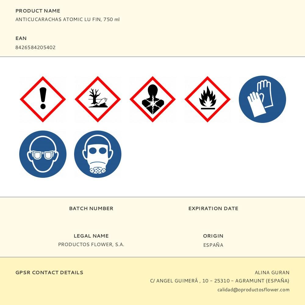 INSECTICIDA PULVERIZADOR ANTICUCARACHAS ATOMIC LU, FIN, 750 ml gallery 0