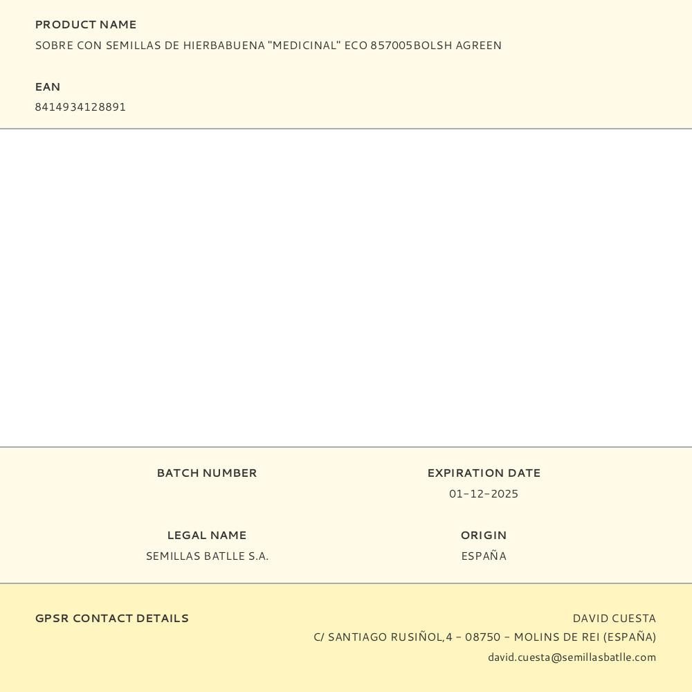 SOBRE CON SEMILLAS DE HIERBABUENA "MEDICINAL" ECO 857005BOLSH AGREEN gallery 0