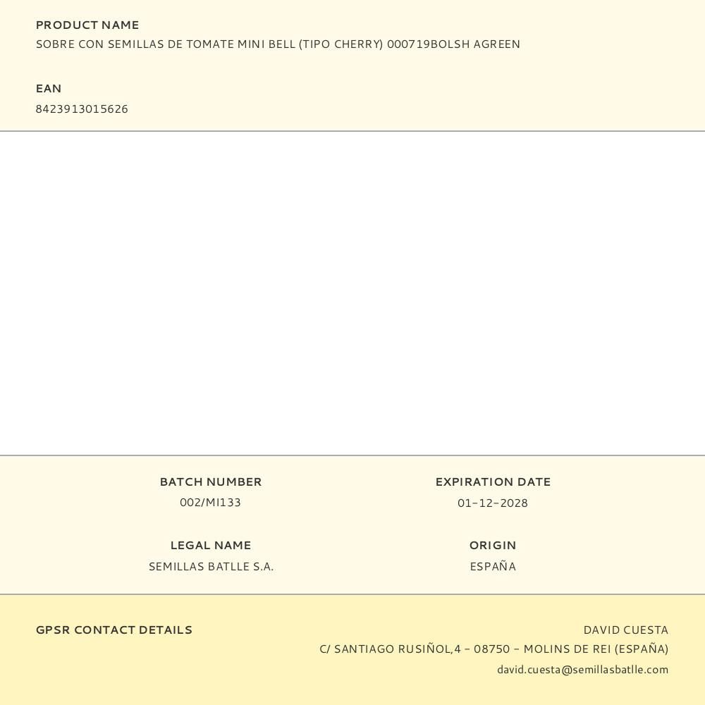 SOBRE CON SEMILLAS DE TOMATE MINI BELL (TIPO CHERRY) 000719BOLSH AGREEN gallery 0