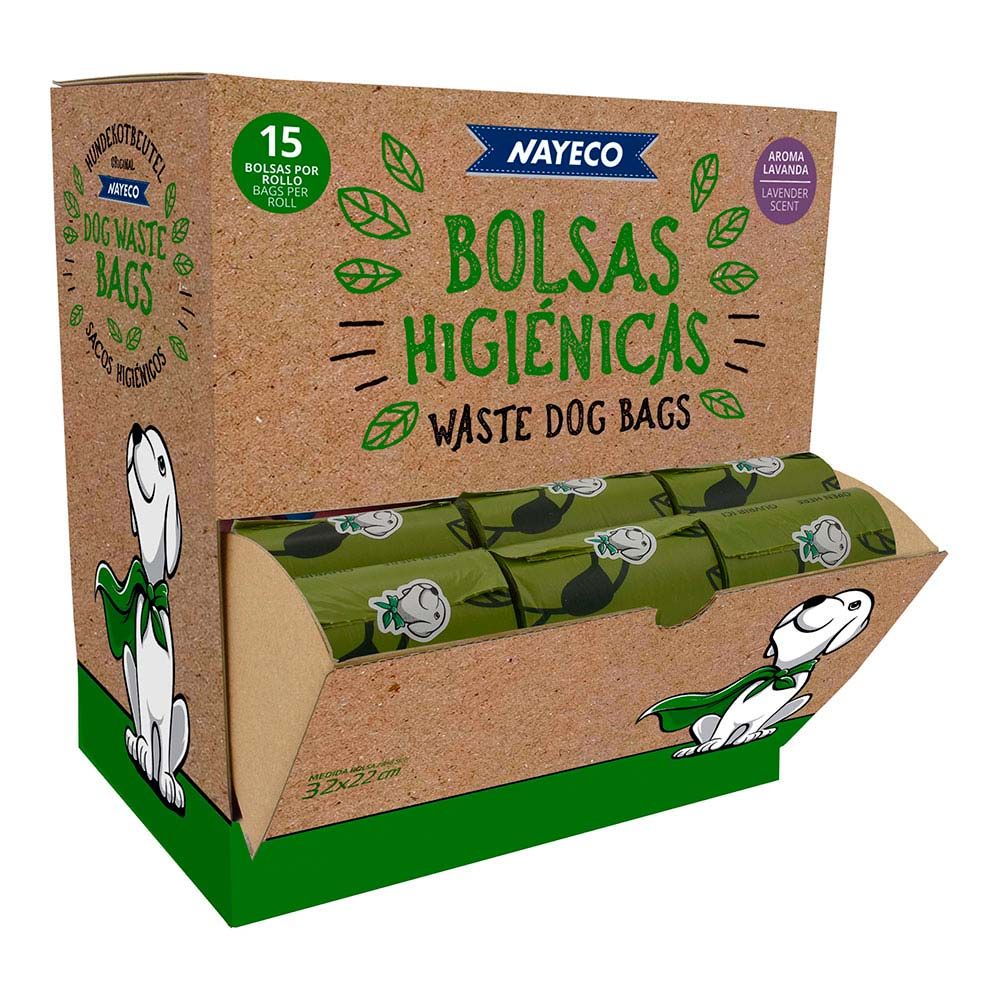 ROLLO DE 15 BOLSAS HIGIÉNICAS DEGRADABLES AROMA LAVANDA 33 x 22 cm, 60 uds EXPOSITOR