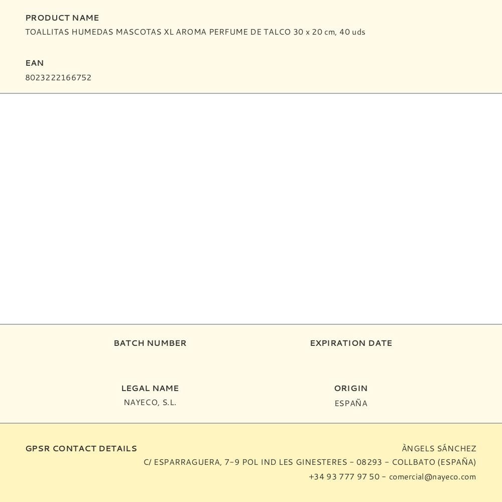 TOALLITAS HÚMEDAS MASCOTAS XL 30 x 20 cm, 40 uds, AROMA PERFUME DE TALCO gallery 0