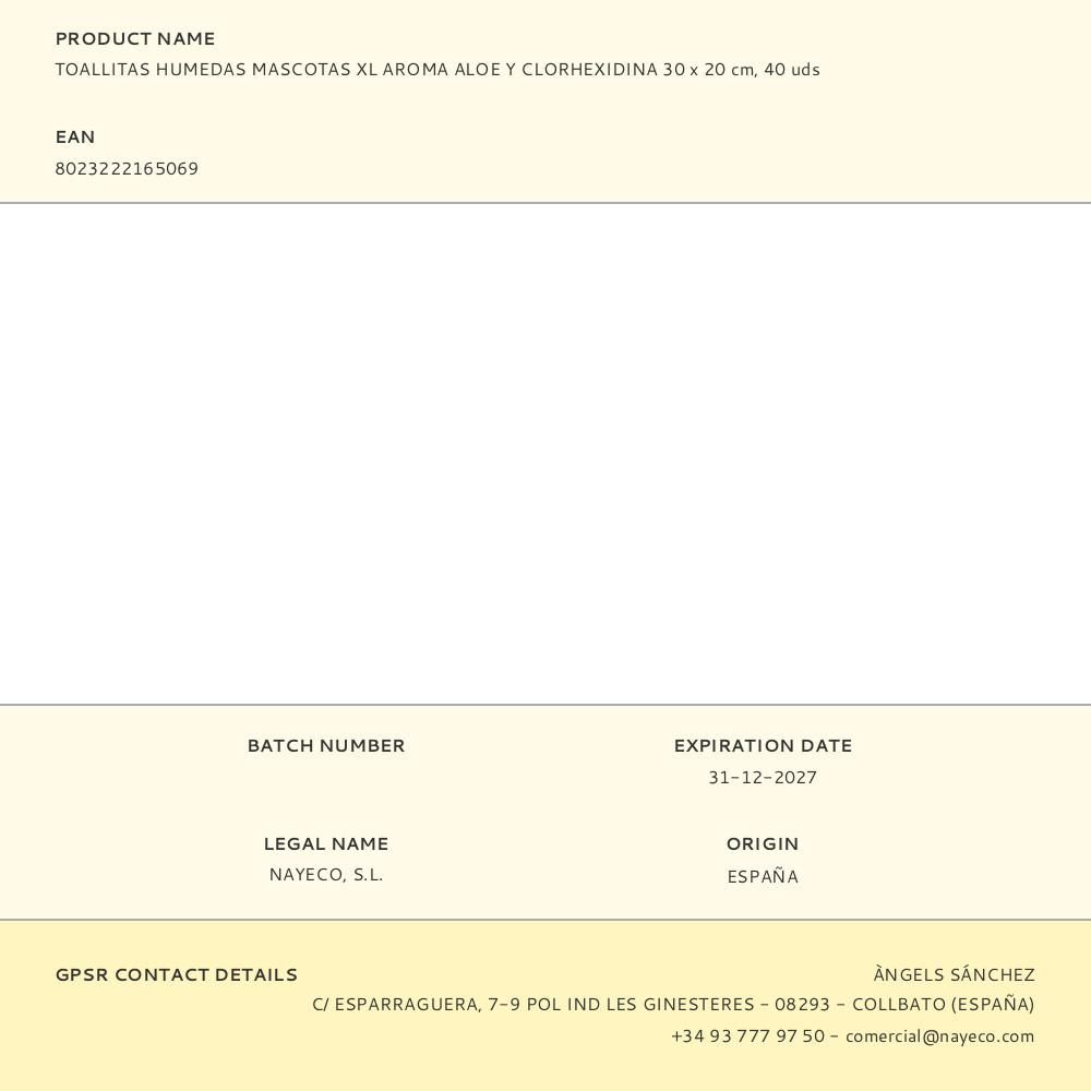 TOALLITAS HÚMEDAS MASCOTAS XL 30 x 20 cm, 40 uds, AROMA ALOE Y CLORHEXIDINA gallery 0