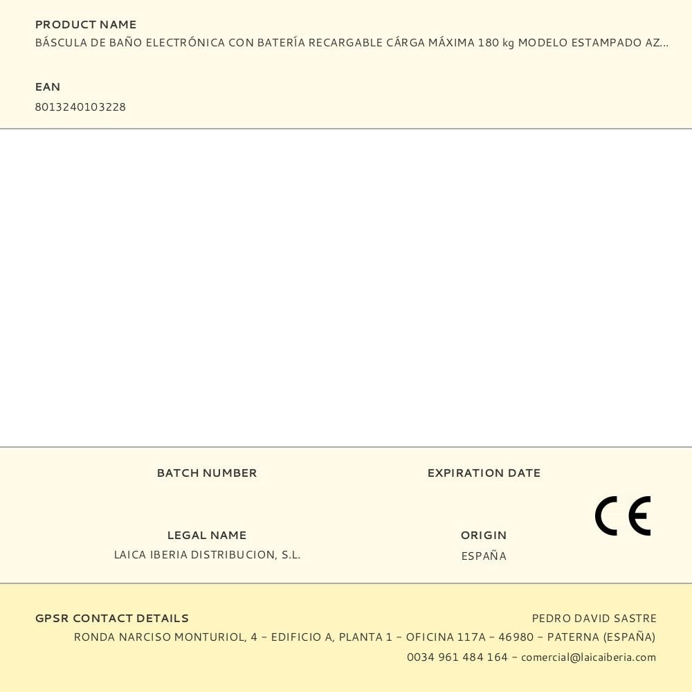 BÁSCULA DE BAÑO ELECTRÓNICA CON BATERÍA RECARGABLE CÁRGA MÁXIMA 180 kg MODELO ESTAMPADO AZUL gallery 2