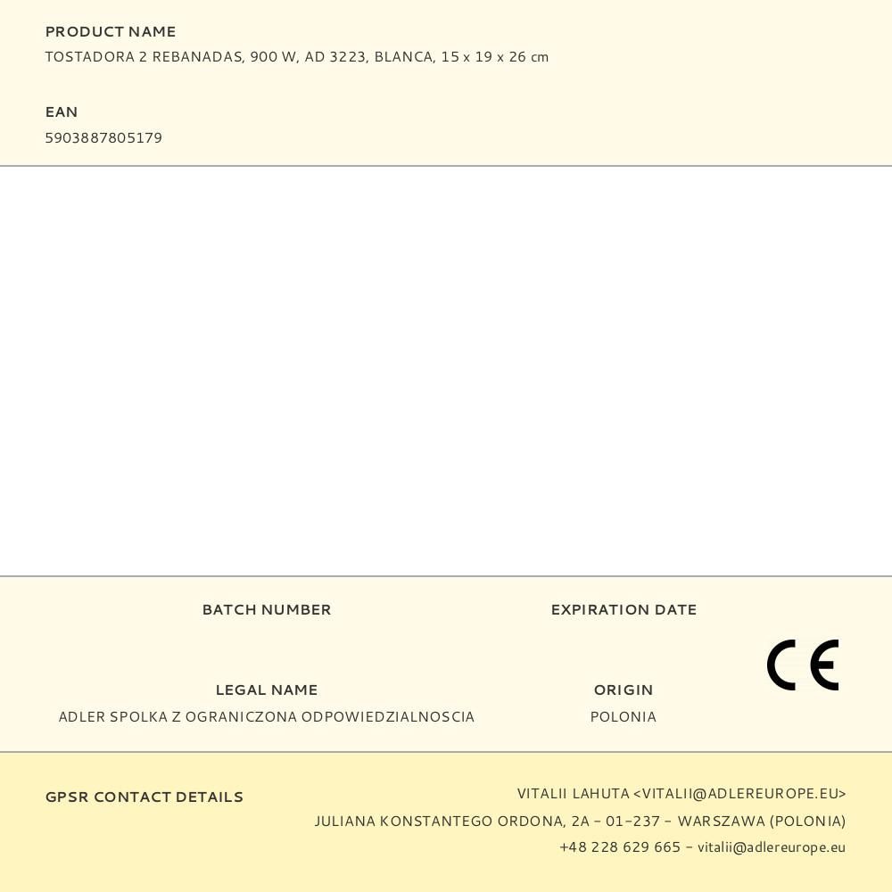 TOSTADORA 2 RANURAS AD 3223, BLANCA, 900 W gallery 2