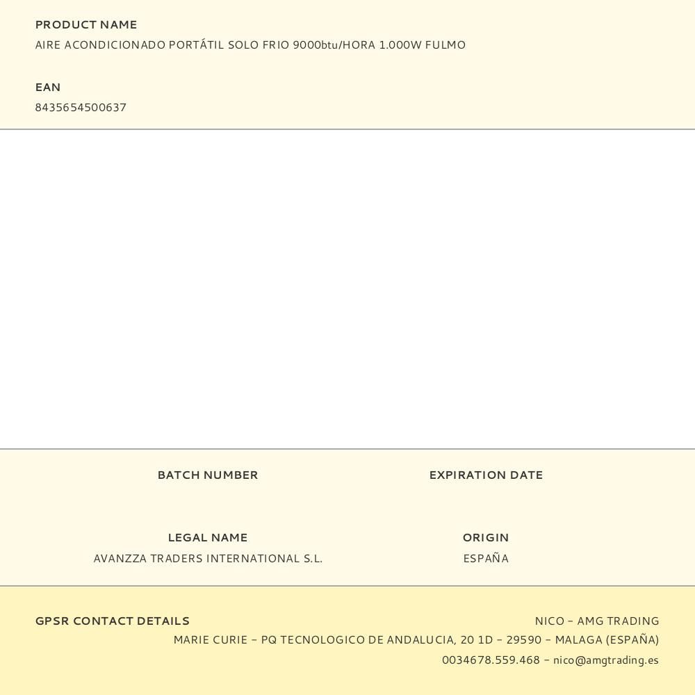 AIRE ACONDICIONADO PORTÁTIL SOLO FRIO 9000btu/HORA 1.000W FULMO gallery 1