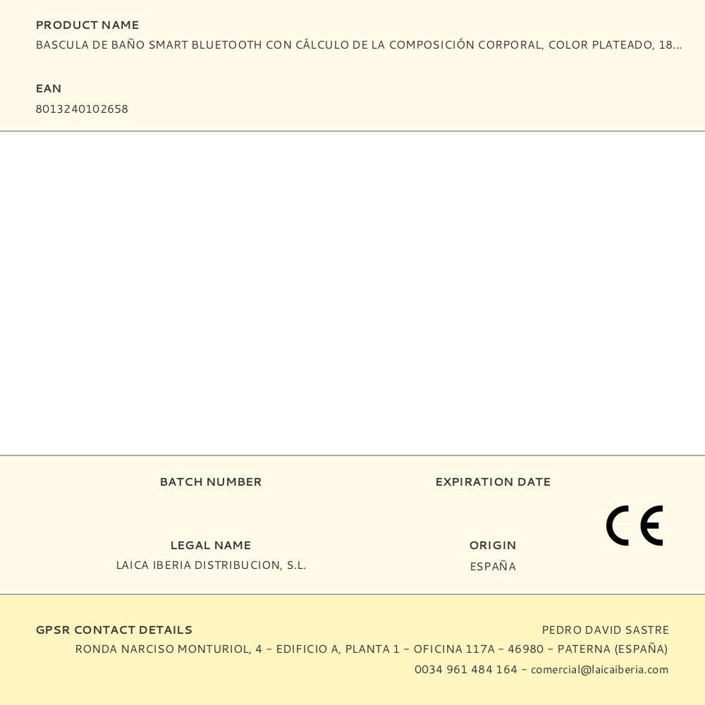 BASCULA DE BAÑO SMART BLUETOOTH CON CÁLCULO DE LA COMPOSICIÓN CORPORAL, COLOR PLATEADO, 180 kg gallery 3