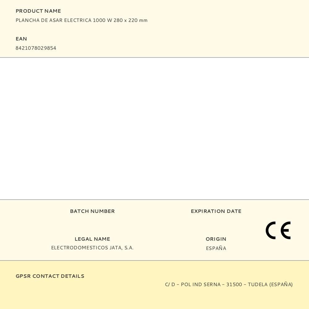 PLANCHA DE ASAR ELECTRICA 1000 W 280 x 220 mm gallery 1