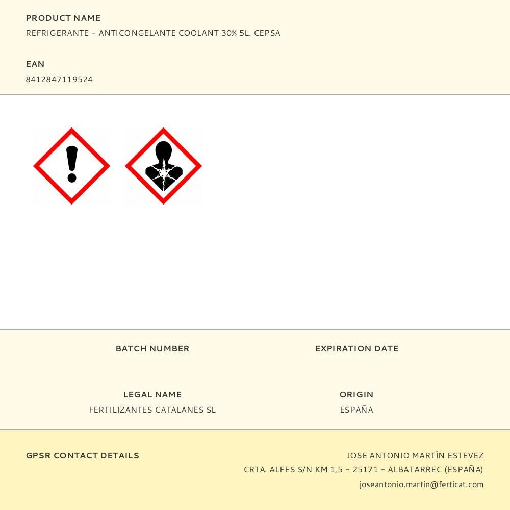 REFRIGERANTE - ANTICONGELANTE COOLANT 30% 5 L gallery 0