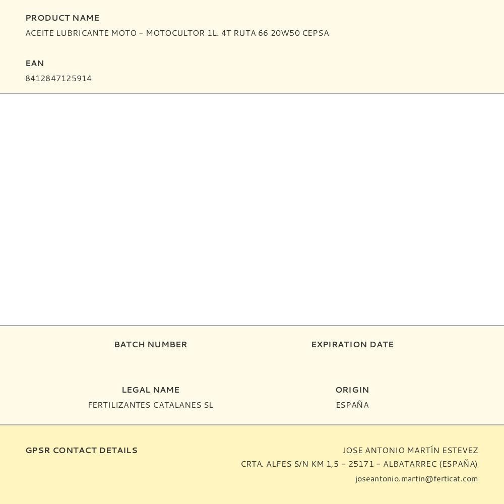 ACEITE LUBRICANTE MOTO - MOTOCULTOR 1L. 4T RUTA 66 20W50 CEPSA gallery 0