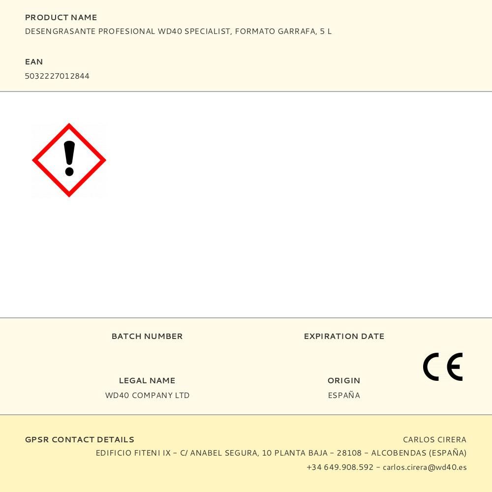 DESENGRASANTE PROFESIONAL WD40 SPECIALIST, FORMATO GARRAFA, 5 L gallery 0