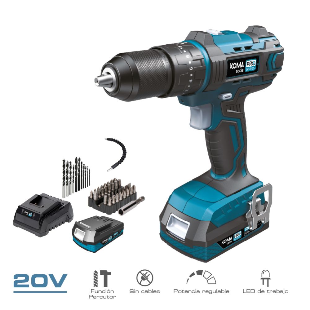 KIT TALADRO PERCUTOR ATORNILLADOR 20 V CON BATERIA 2.0Ah Y CARGADOR