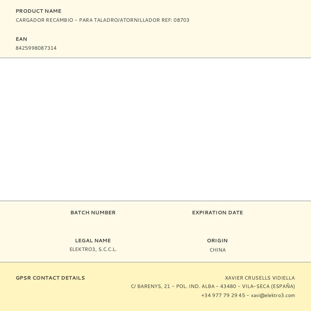 CARGADOR RECAMBIO - PARA TALADRO/ATORNILLADOR REF: 08703 gallery 0