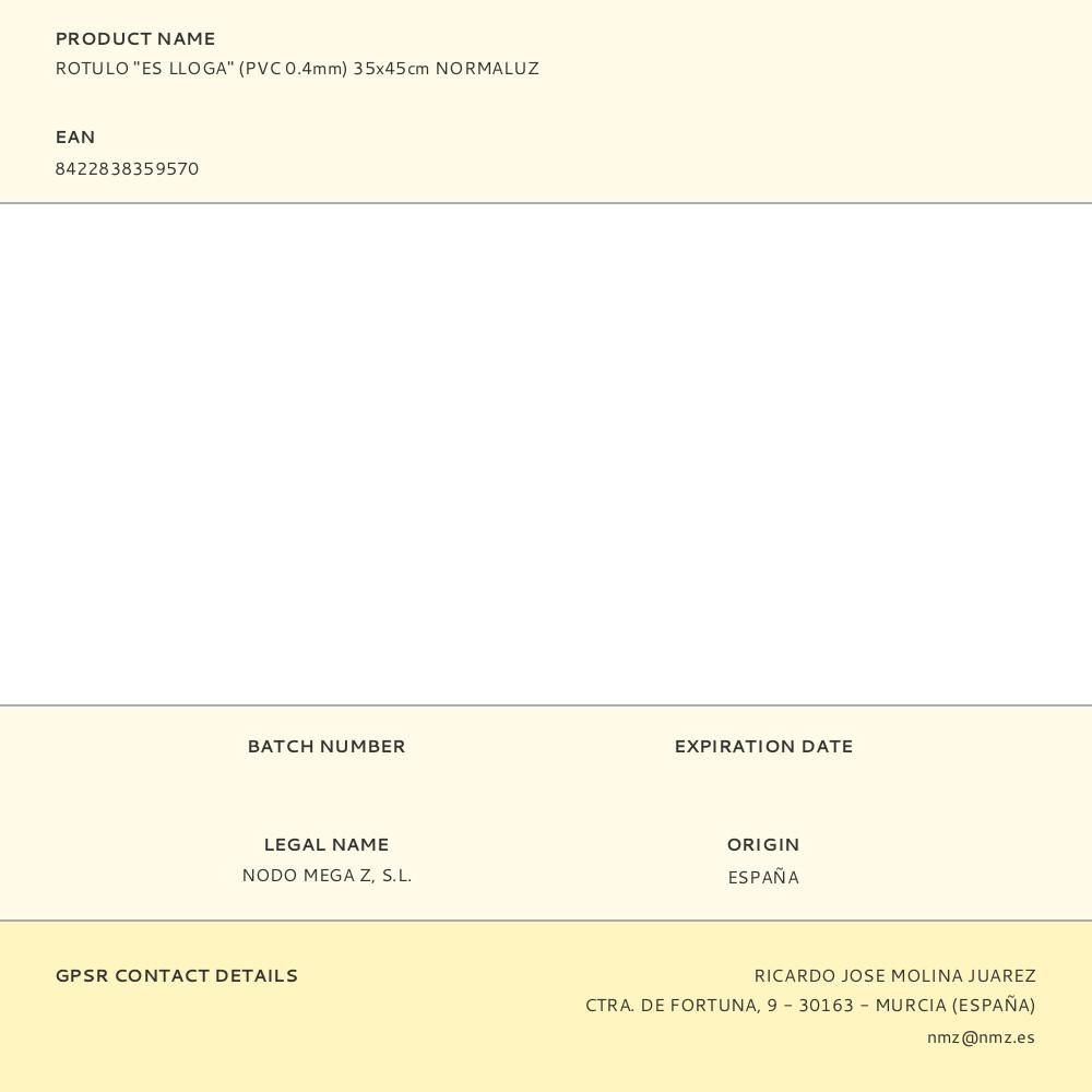 ROTULO "ES LLOGA" (PVC 0.4mm) 35x45cm NORMALUZ gallery 0