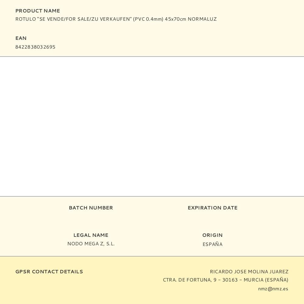 ROTULO "SE VENDE/FOR SALE/ZU VERKAUFEN" (PVC 0.4mm) 45x70cm NORMALUZ gallery 0