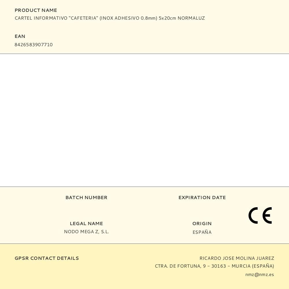 CARTEL INFORMATIVO "CAFETERIA" (INOX ADHESIVO 0.8mm) 5x20cm NORMALUZ gallery 0