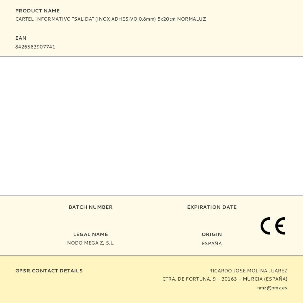 CARTEL INFORMATIVO "SALIDA" (INOX ADHESIVO 0.8mm) 5x20cm NORMALUZ gallery 0