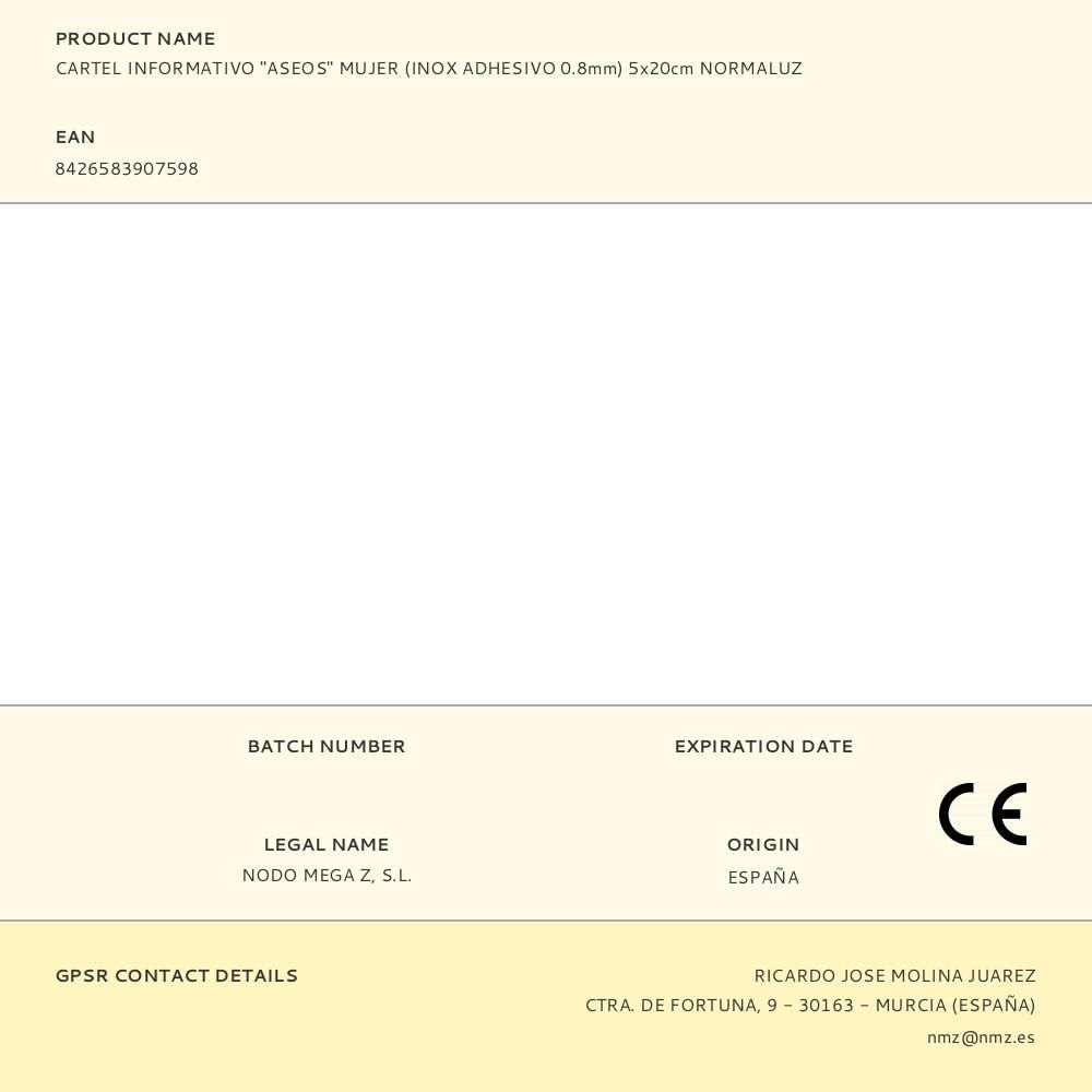 CARTEL INFORMATIVO "ASEOS" MUJER (INOX ADHESIVO 0.8mm) 5x20cm NORMALUZ gallery 0