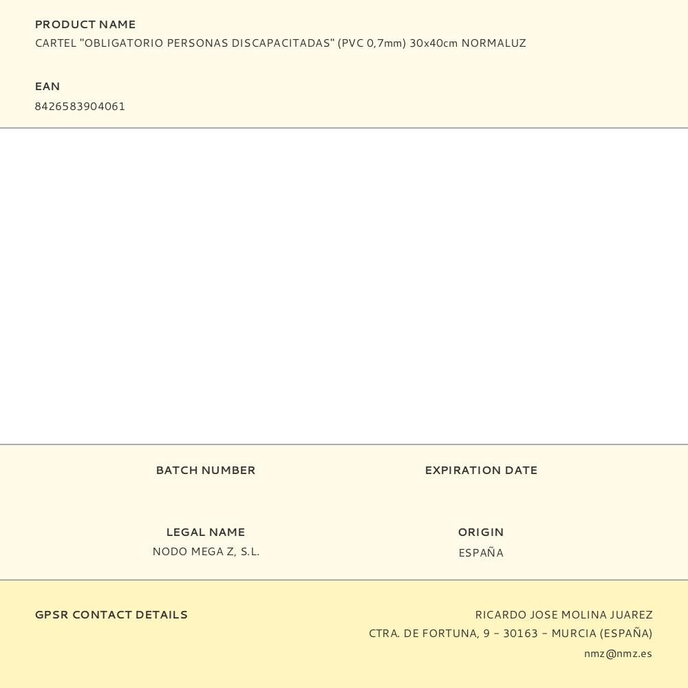 CARTEL "OBLIGATORIO PERSONAS DISCAPACITADAS" (PVC 0,7mm) 30x40cm NORMALUZ gallery 0