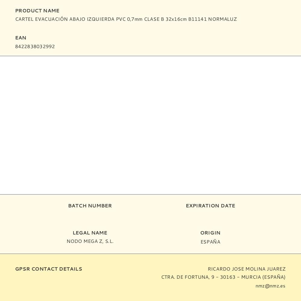 CARTEL EVACUACIÓN ABAJO IZQUIERDA PVC 0,7mm CLASE B 32x16cm B11141 NORMALUZ gallery 0