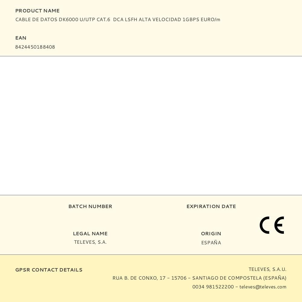CABLE DE DATOS DK6000 U/UTP CAT.6 DCA LSFH ALTA VELOCIDAD 1GBPS EURO/m gallery 1