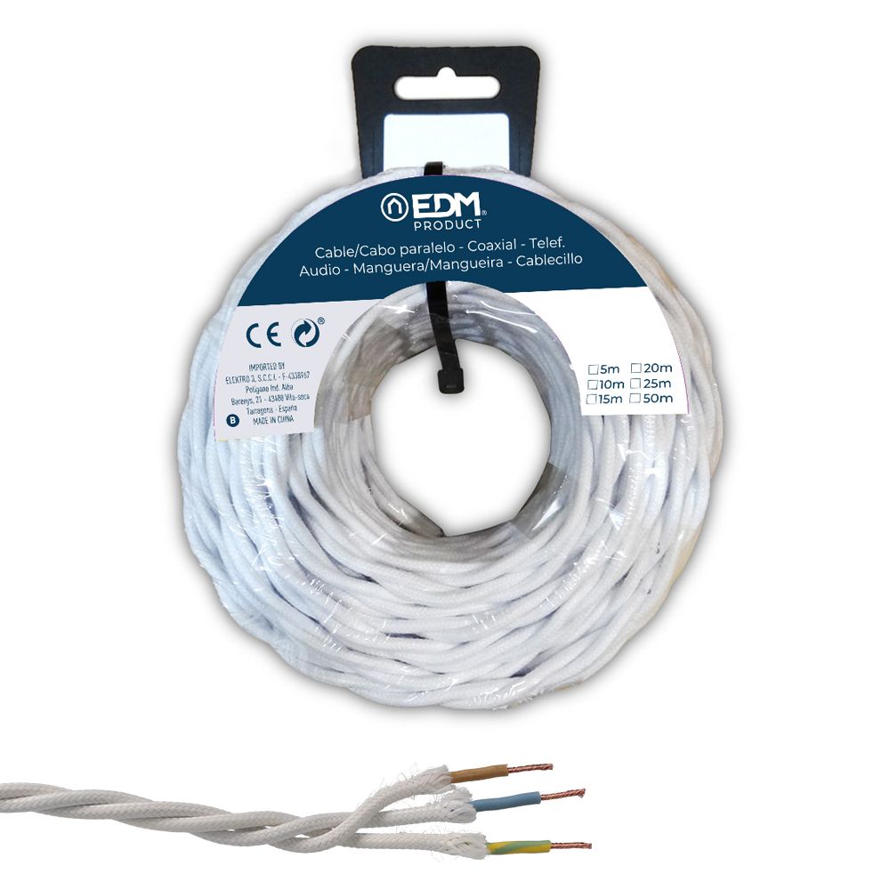 CARRETE CABLE PARALELO TEXTIL TRENZADO H07V-k 3 G 2,50 mm² BLANCO, 5 m