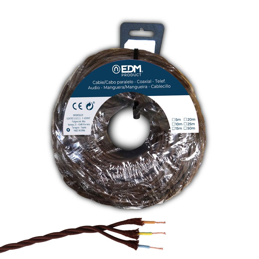 CARRETE CABLE PARALELO TEXTIL TRENZADO H05VV-F 3 G 1,50 mm² MARRÓN, 5 m