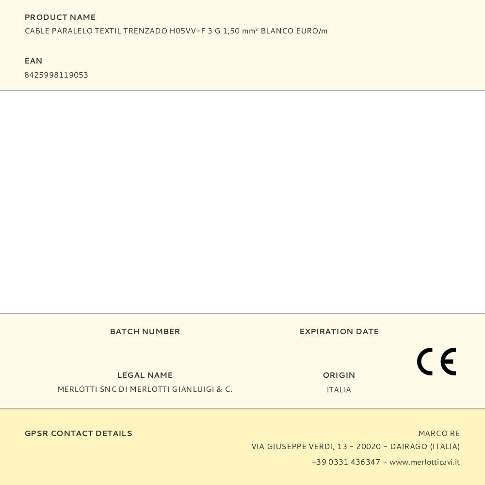 CABLE PARALELO TEXTIL TRENZADO H05VV-F 3 G 1,50 mm² BLANCO EURO/m gallery 0