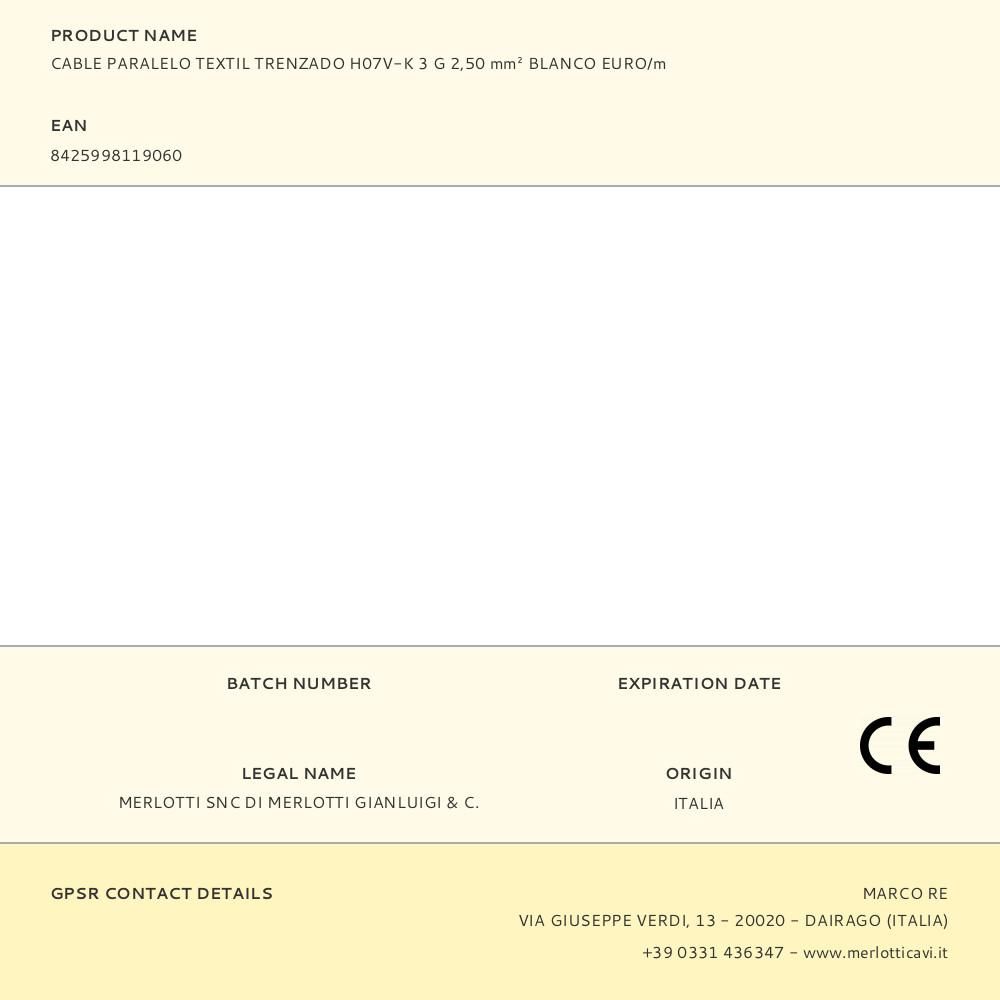 CABLE PARALELO TEXTIL TRENZADO H07V-K 3 G 2,50 mm² BLANCO EURO/m gallery 0