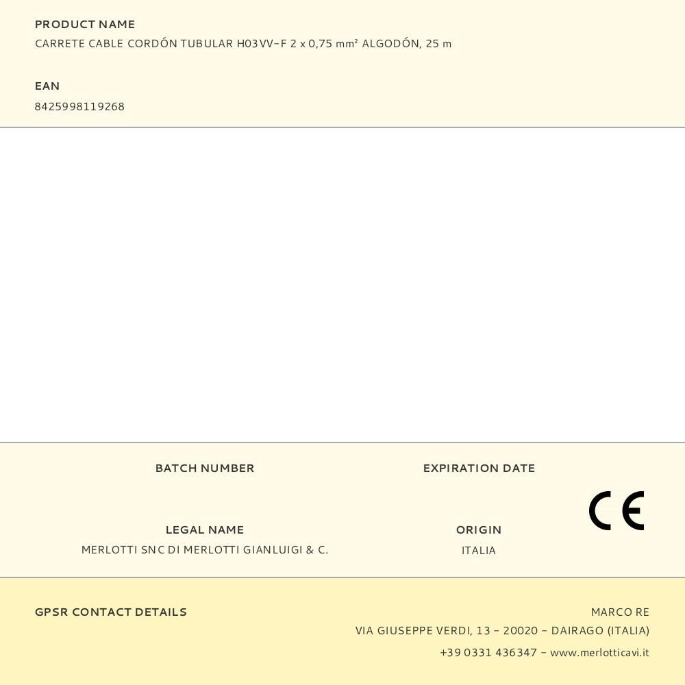 CARRETE CABLE CORDÓN TUBULAR H03VV-F 2 x 0,75 mm² ALGODÓN, 25 m gallery 1