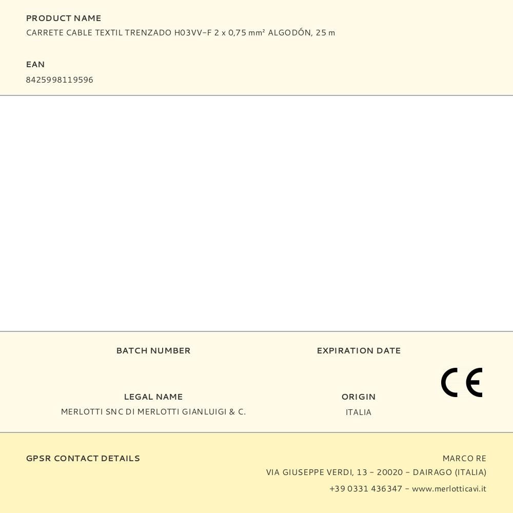 CARRETE CABLE TEXTIL TRENZADO H03VV-F 2 x 0,75 mm² ALGODÓN, 25 m gallery 0