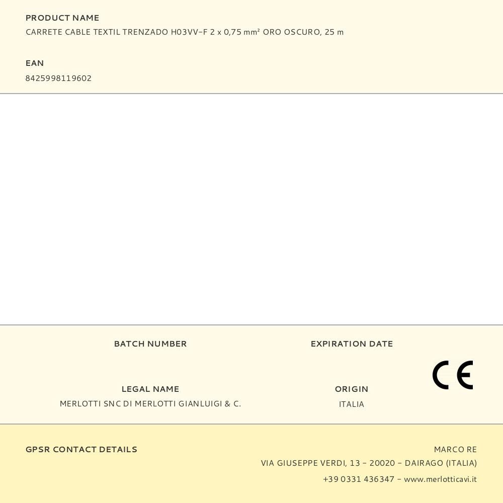 CARRETE CABLE TEXTIL TRENZADO H03VV-F 2 x 0,75 mm² ORO OSCURO, 25 m gallery 0