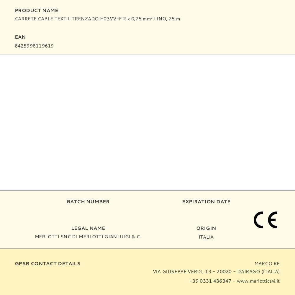 CARRETE CABLE TEXTIL TRENZADO H03VV-F 2 x 0,75 mm² LINO, 25 m gallery 0