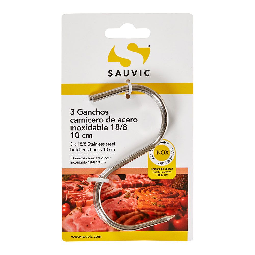 GANCHOS CARNICERO INOXIDABLE 18/8, 10 cm DE LONGITUD, BLÍSTER 3 unidades