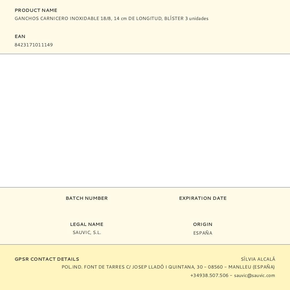 GANCHOS CARNICERO INOXIDABLE 18/8, 14 cm DE LONGITUD, BLÍSTER 3 unidades gallery 0
