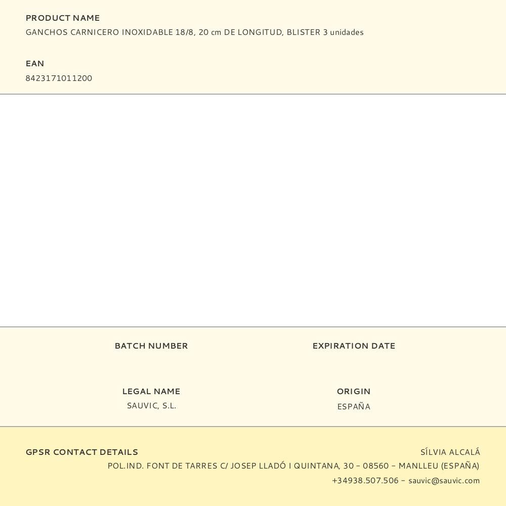 GANCHOS CARNICERO INOXIDABLE 18/8, 20 cm DE LONGITUD, BLISTER 3 unidades gallery 0