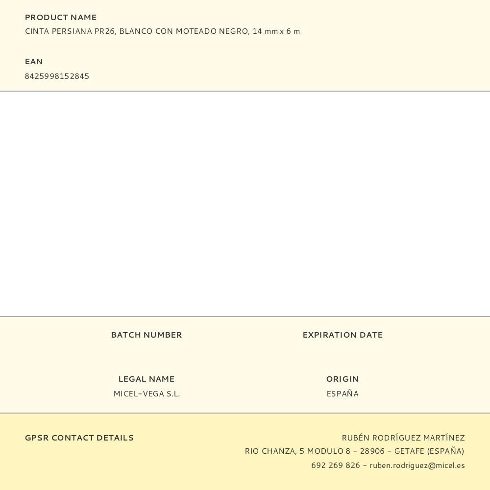 CINTA PERSIANA PR26, BLANCO CON MOTEADO NEGRO, 14 mm x 6 m gallery 2