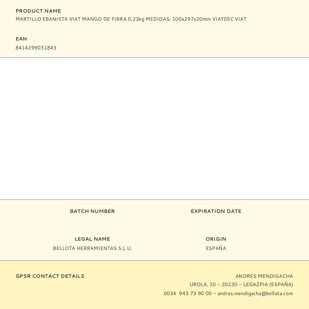 MARTILLO EBANISTA CON MANGO DE FIBRA 0,23 kg MEDIDAS: 100 x 297 x 20 mm gallery 0