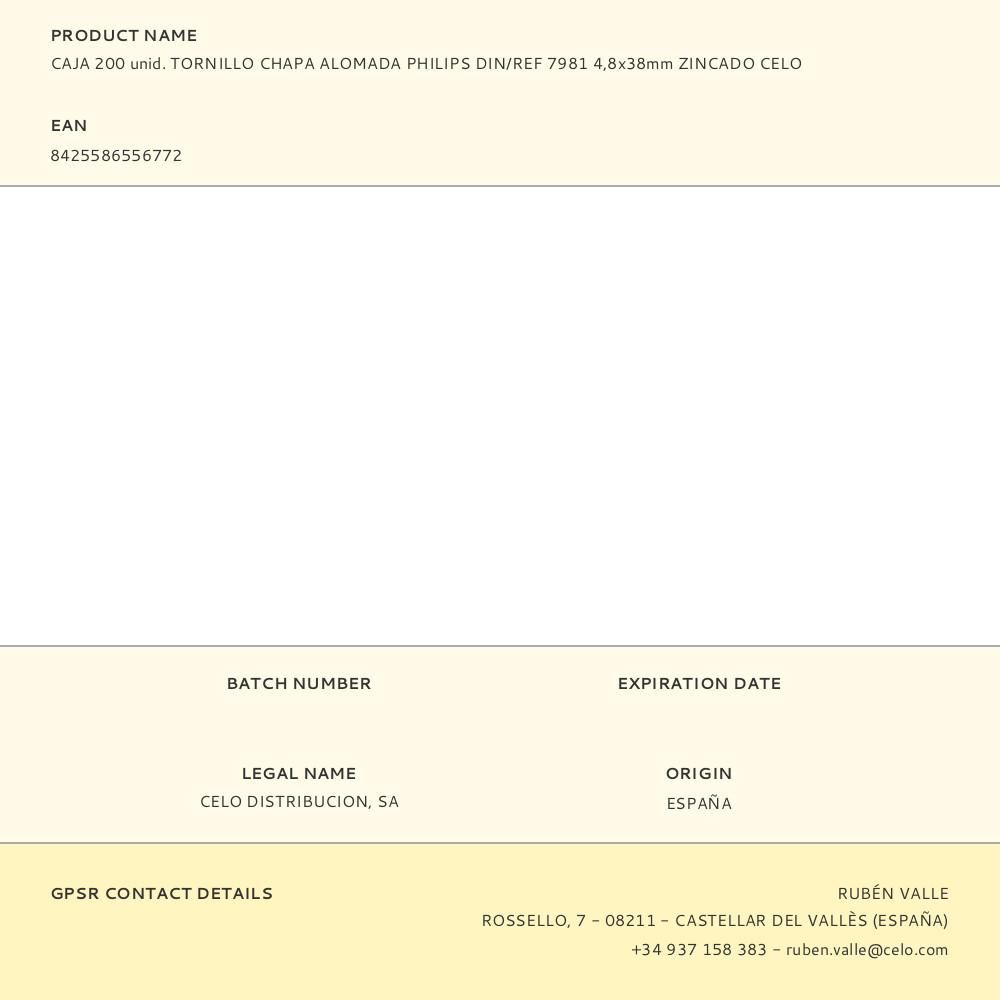 CAJA 200 unid. TORNILLO CHAPA ALOMADA PHILIPS DIN/REF 7981 4,8x38mm ZINCADO CELO gallery 0