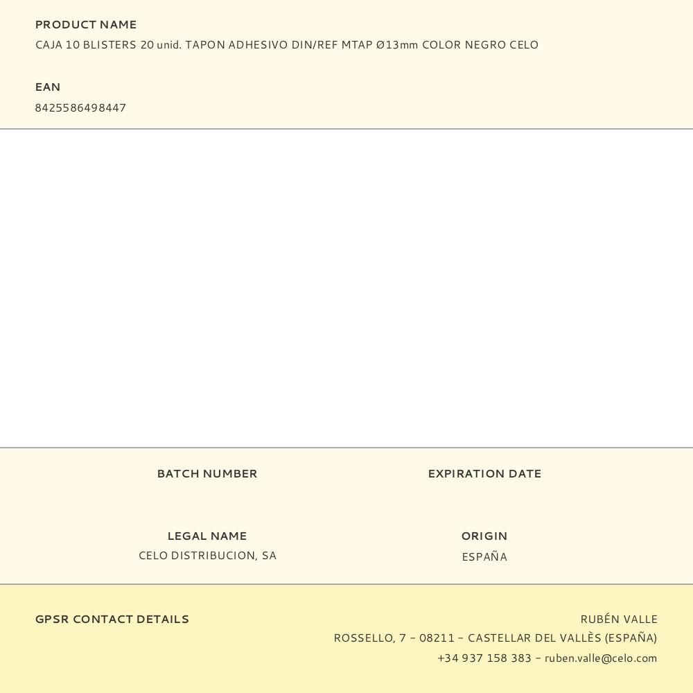 CAJA 10 BLISTERS 20 unid. TAPON ADHESIVO DIN/REF MTAP Ø13mm COLOR NEGRO CELO gallery 0